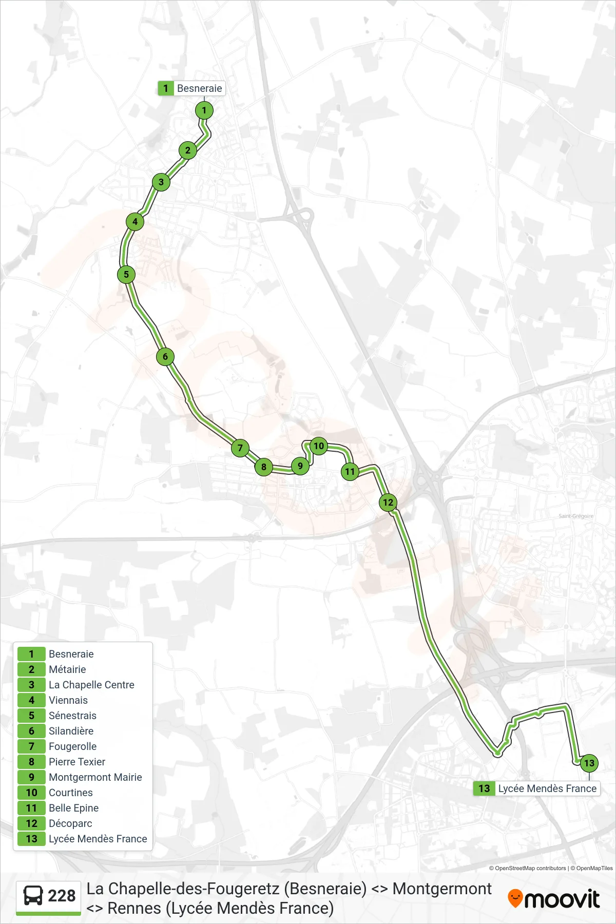 Tracé et arrêts de la ligne 228 de bus (Rennes) sur une carte