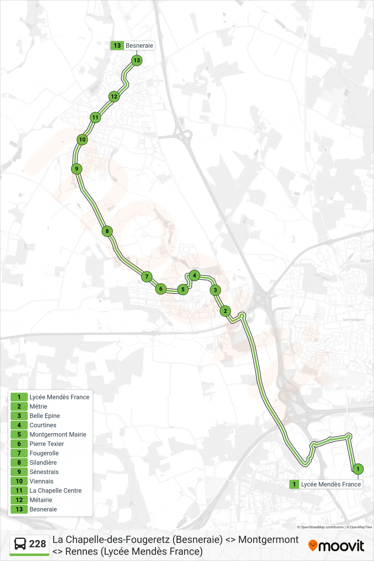 228 bus Line (Montgermont - La-Chapelle-Des-Fougeretz) route and stops on a map