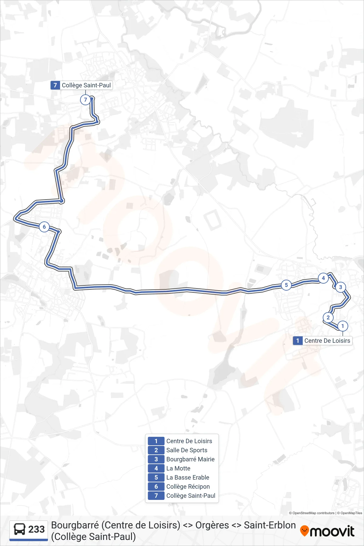 Tracé et arrêts de la ligne 233 de bus (Orgères) sur une carte