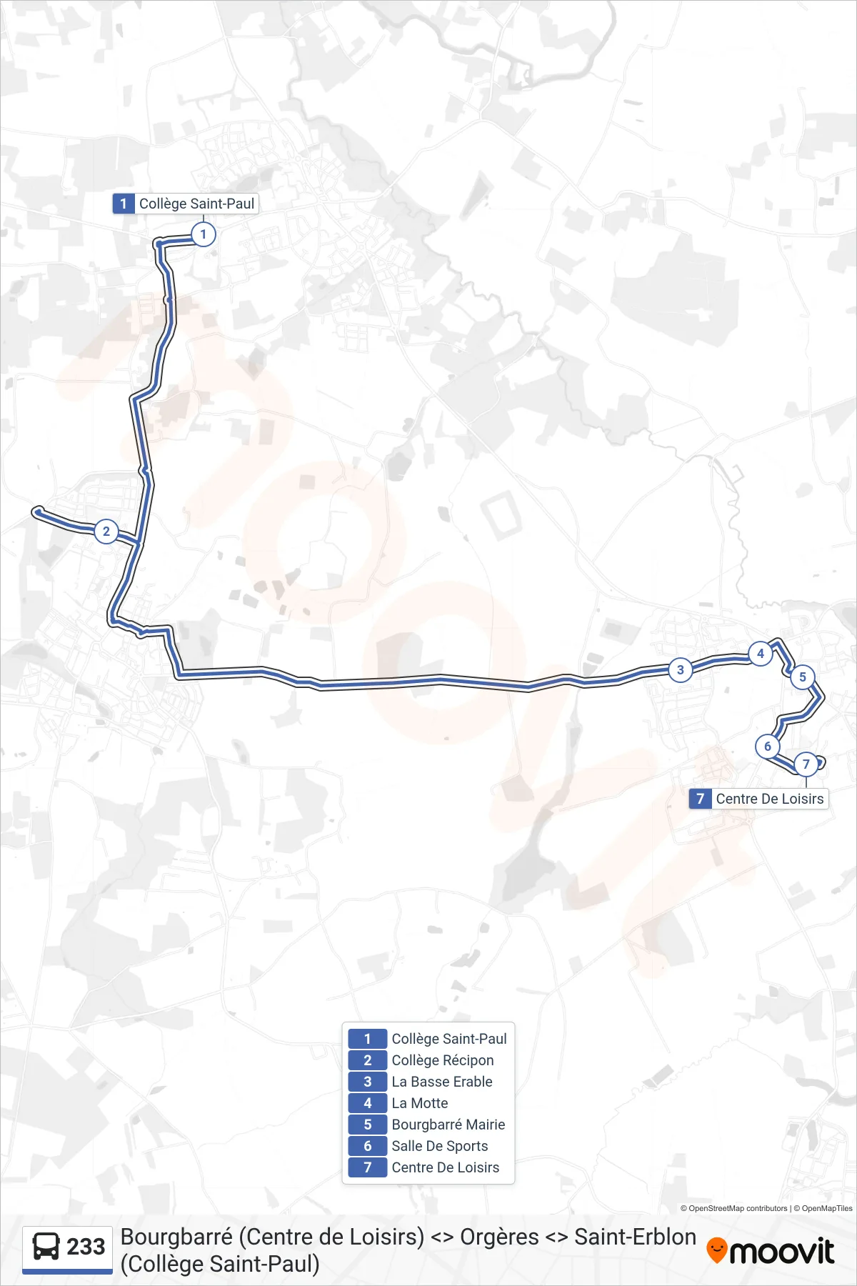 Tracé et arrêts de la ligne 233 de bus (Bourgbarré) sur une carte