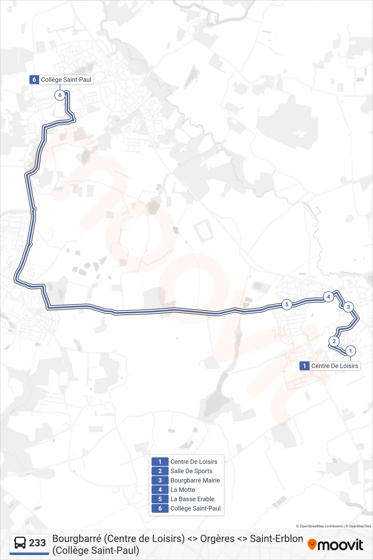 Tracé et arrêts de la ligne 233 de bus (Collège Jean Moulin) sur une carte