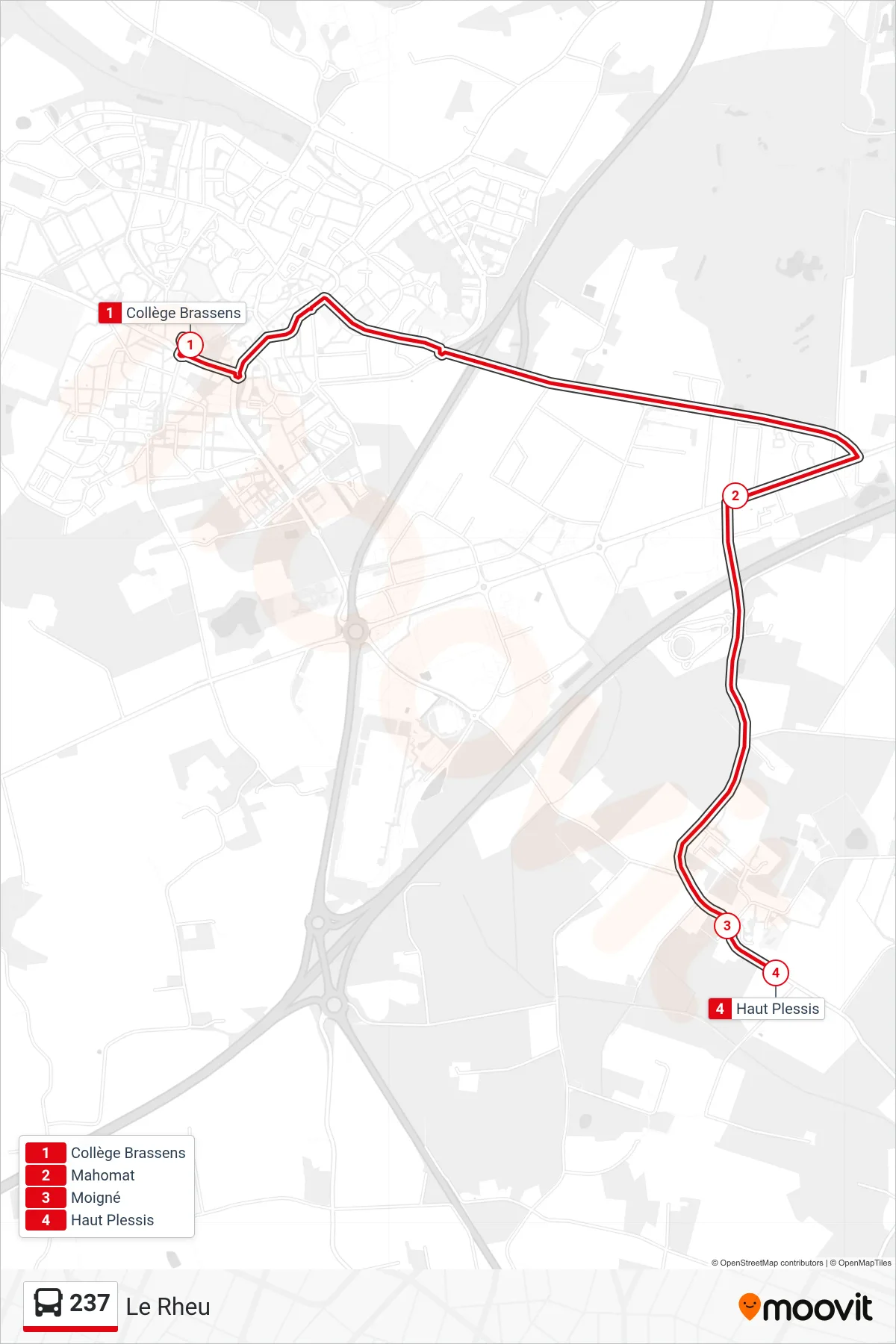 Tracé et arrêts de la ligne 237 de bus (Le Rheu) sur une carte