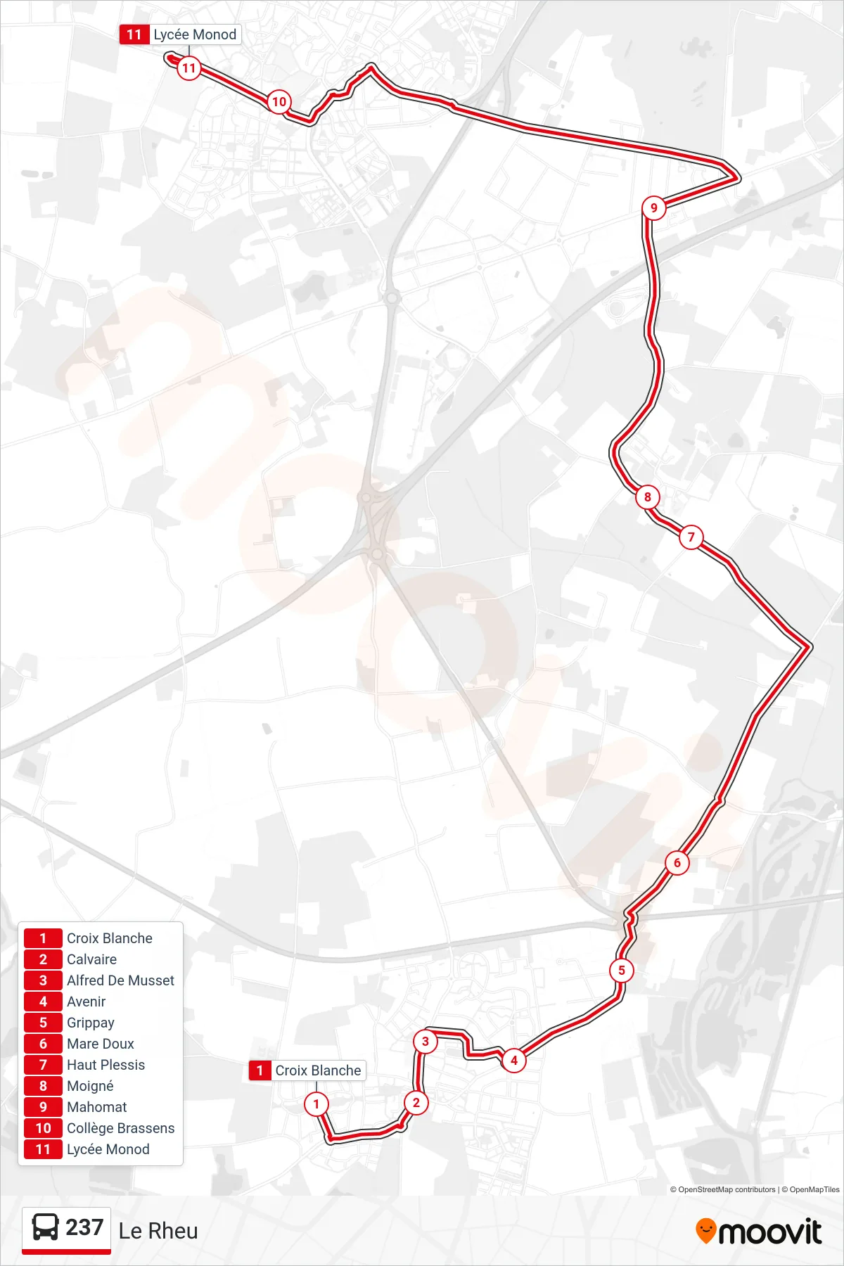 Tracé et arrêts de la ligne 237 de bus (Le Rheu) sur une carte