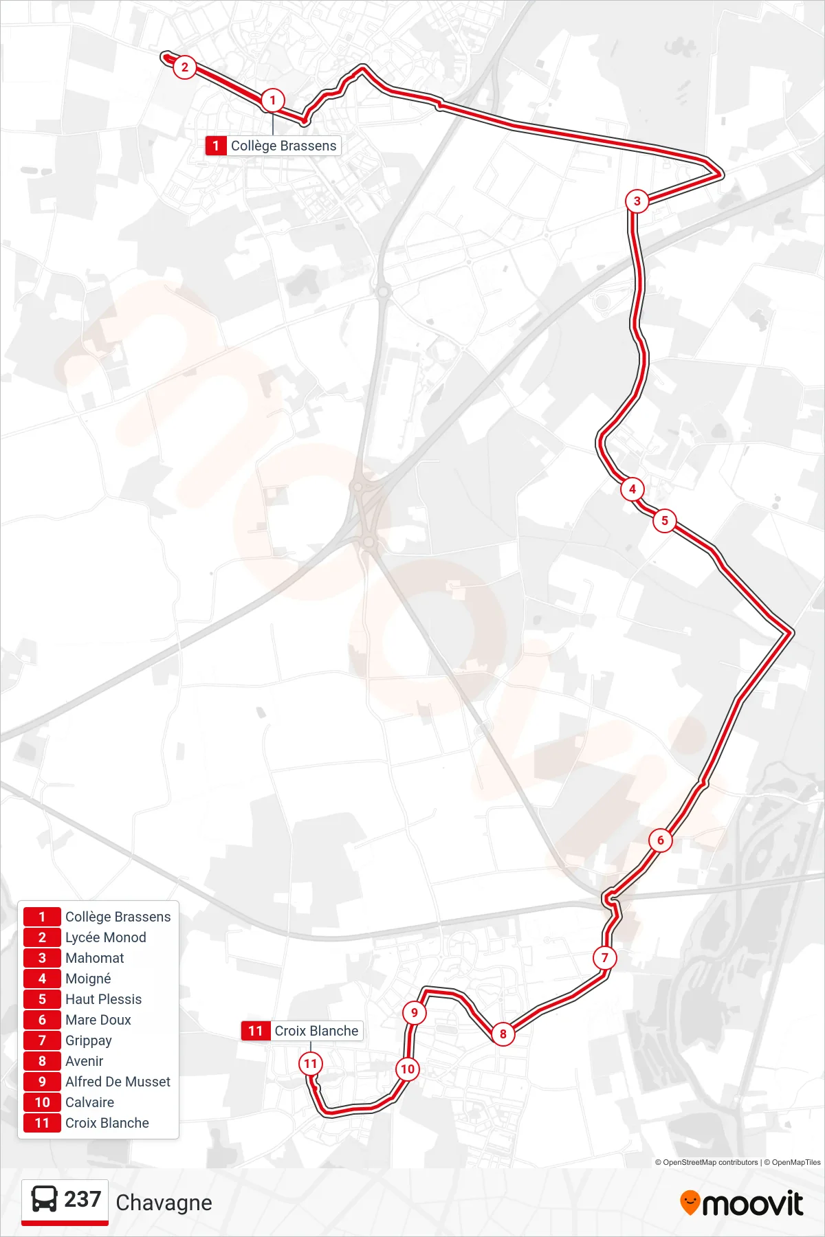 Tracé et arrêts de la ligne 237 de bus (Chavagne) sur une carte