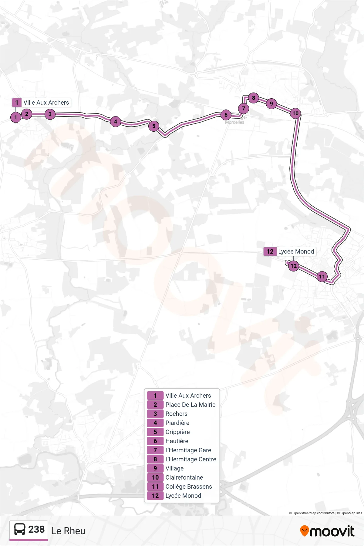 Tracé et arrêts de la ligne 238 de bus (Le Rheu) sur une carte