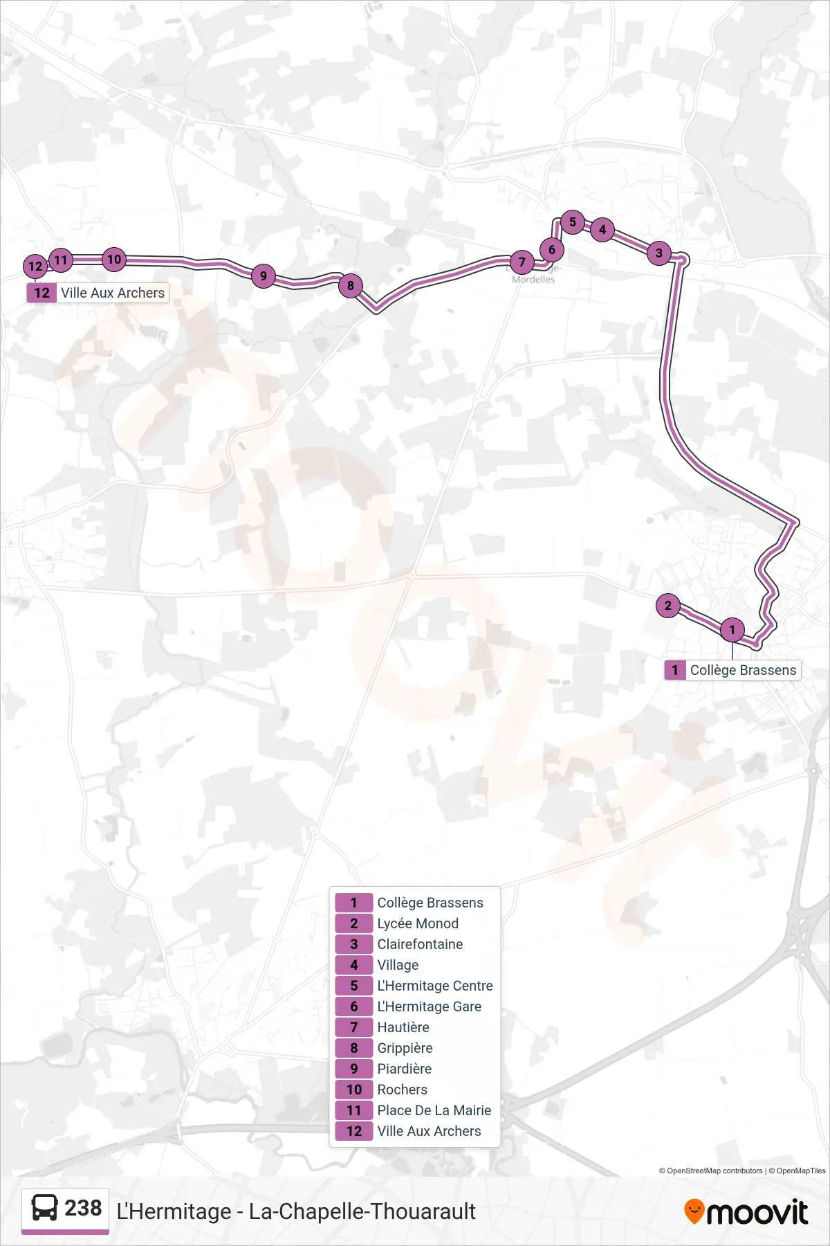 Tracé et arrêts de la ligne 238 de bus (L'Hermitage - La-Chapelle-Thouarault) sur une carte