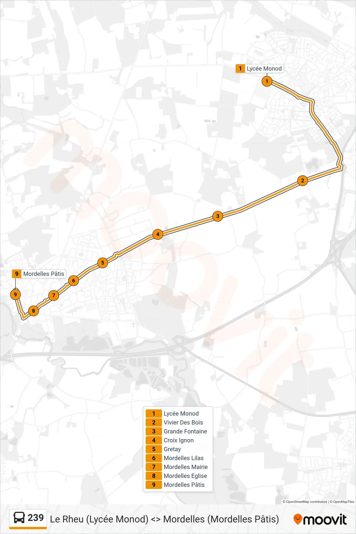 Tracé et arrêts de la ligne 239 de bus (Mordelles) sur une carte