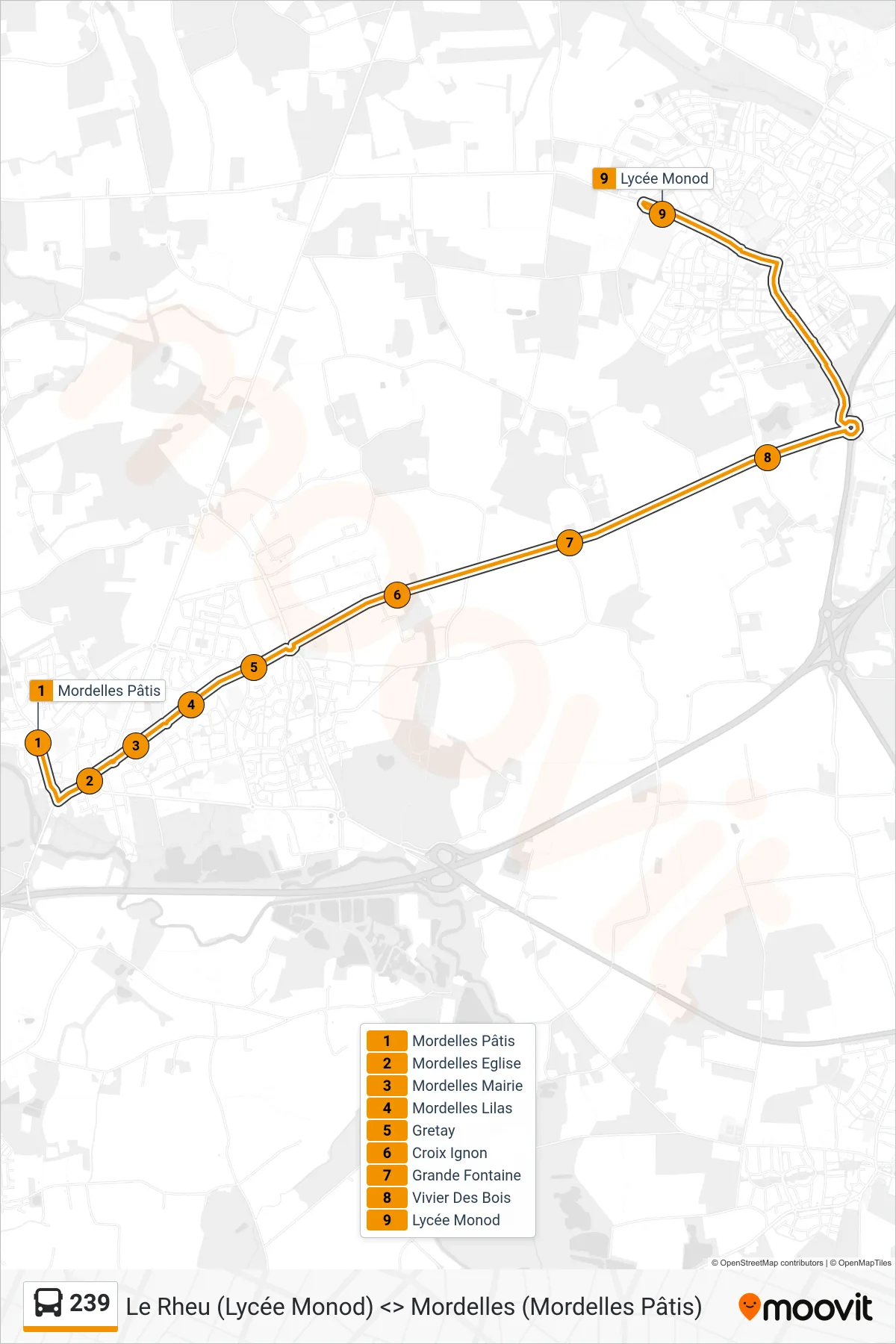 Tracé et arrêts de la ligne 239 de bus (Le Rheu) sur une carte