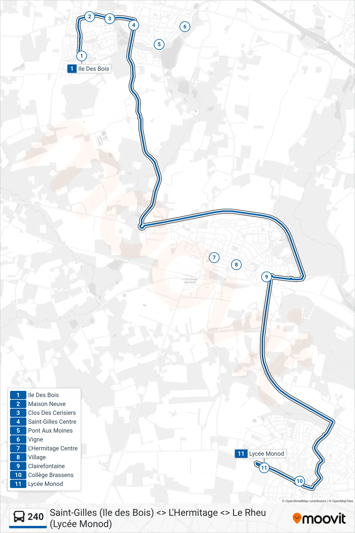 Tracé et arrêts de la ligne 240 de bus (Le Rheu) sur une carte
