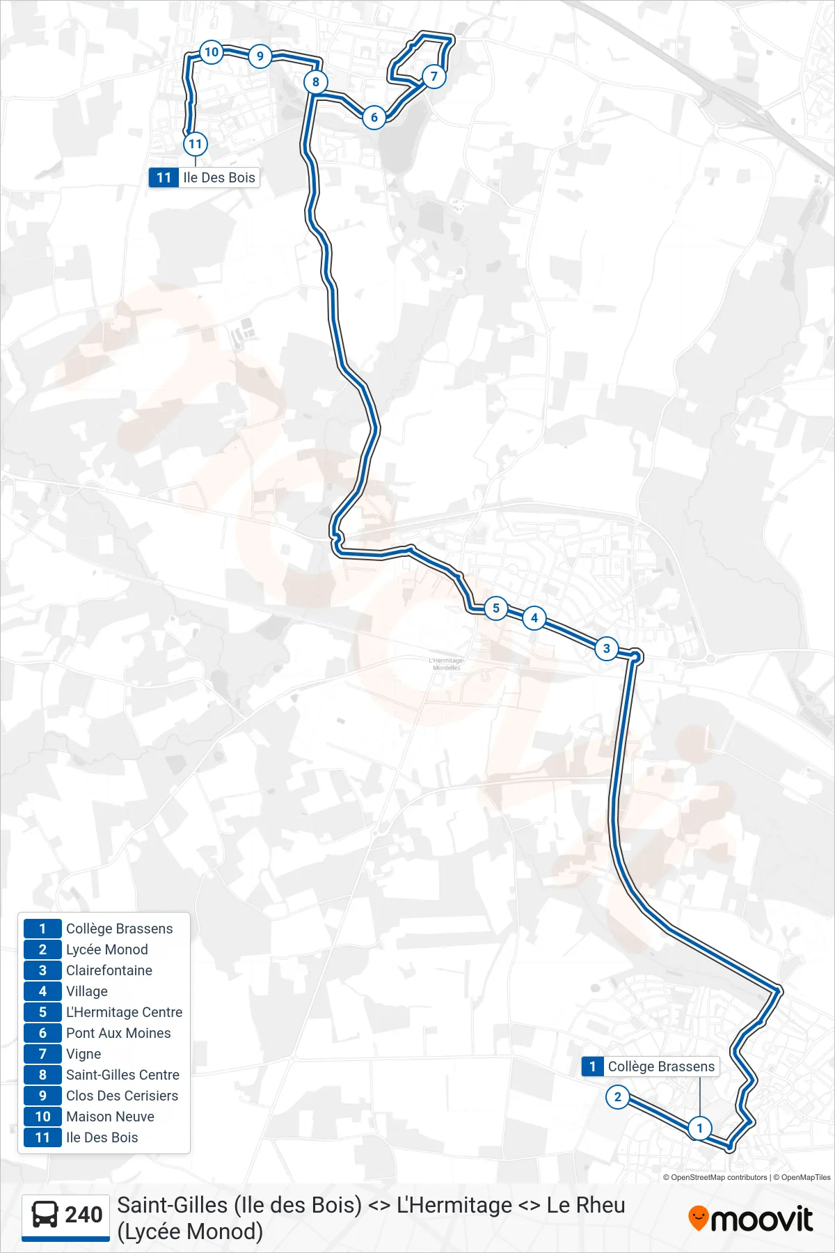 Tracé et arrêts de la ligne 240 de bus (L'Hermitage - Saint-Gilles) sur une carte