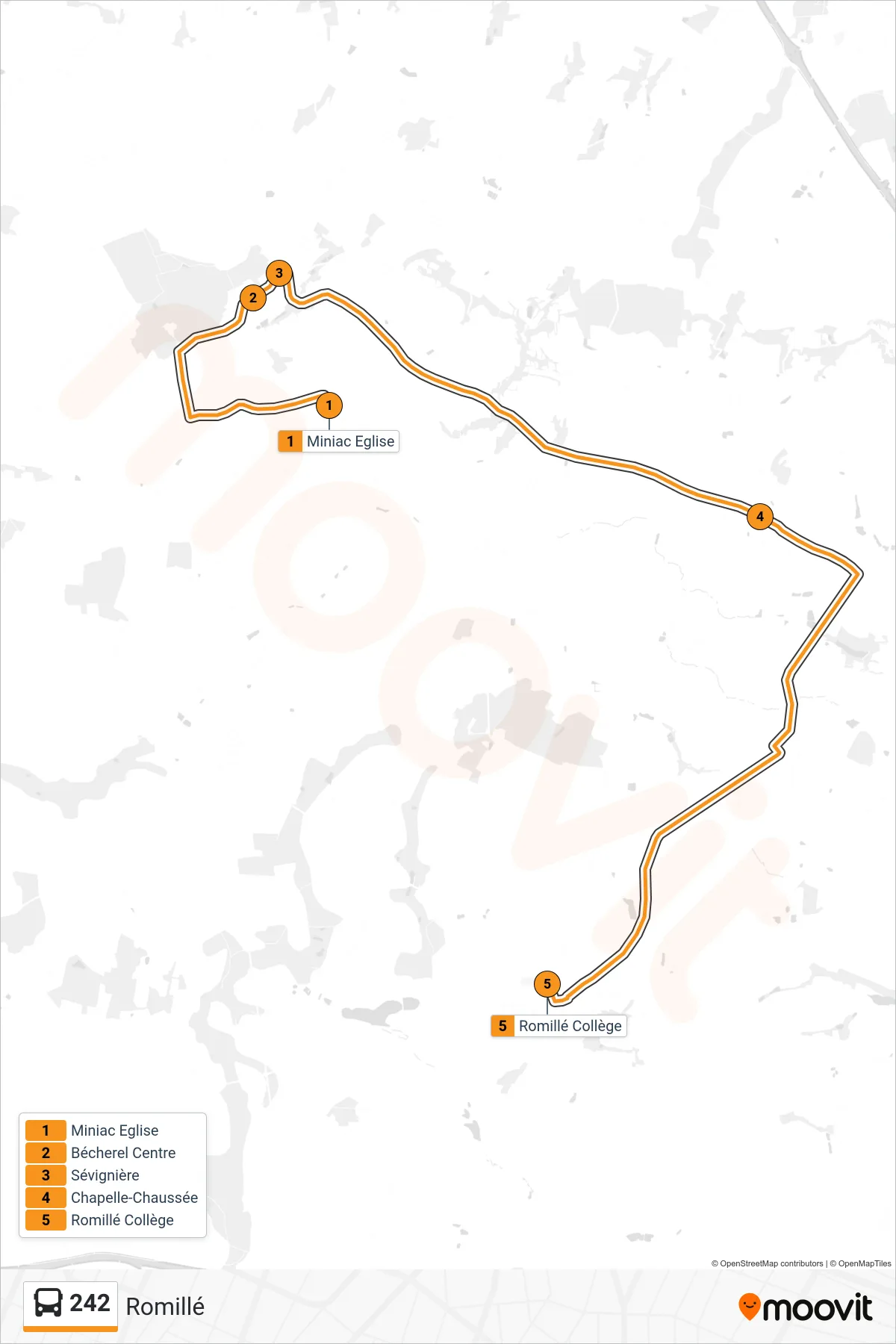 Tracé et arrêts de la ligne 242 de bus (Romillé) sur une carte