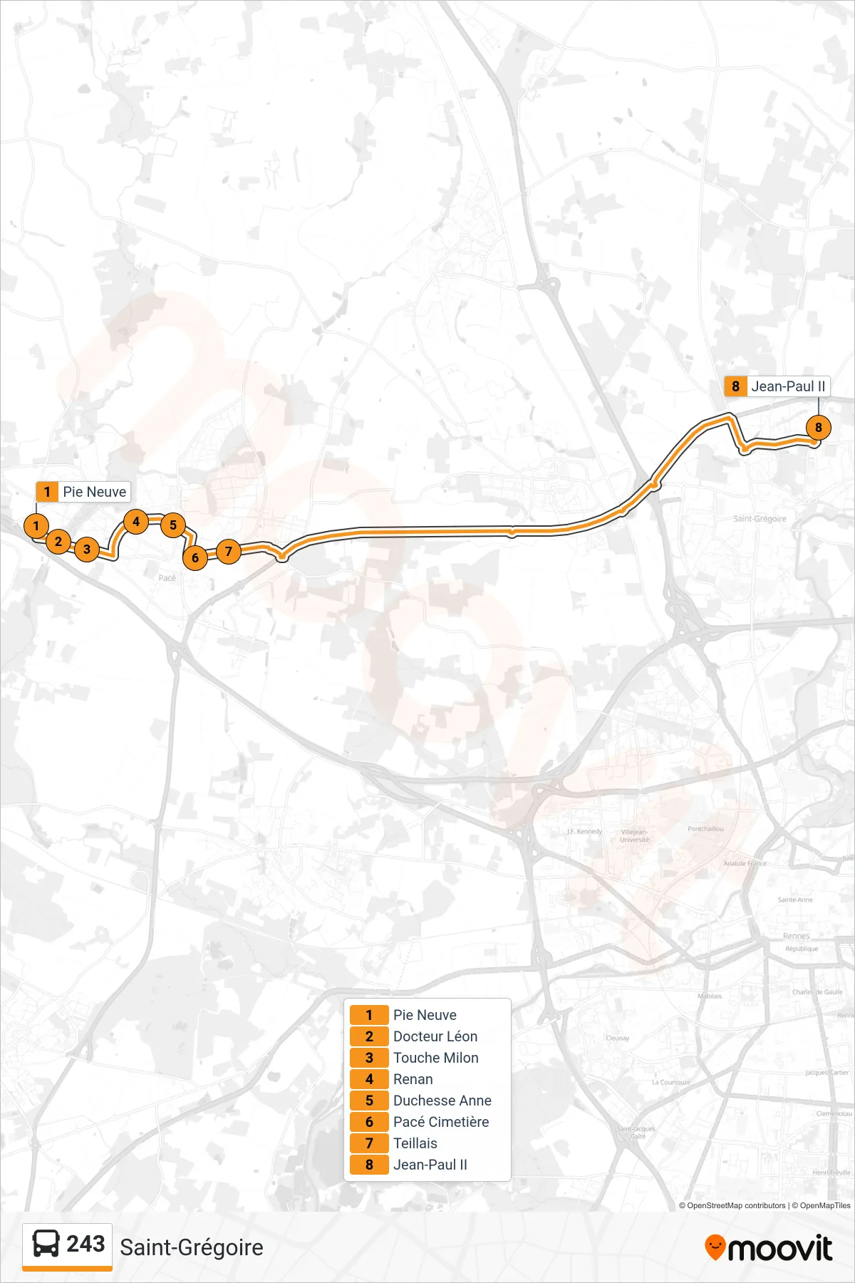 Tracé et arrêts de la ligne 243 de bus (Saint-Grégoire) sur une carte