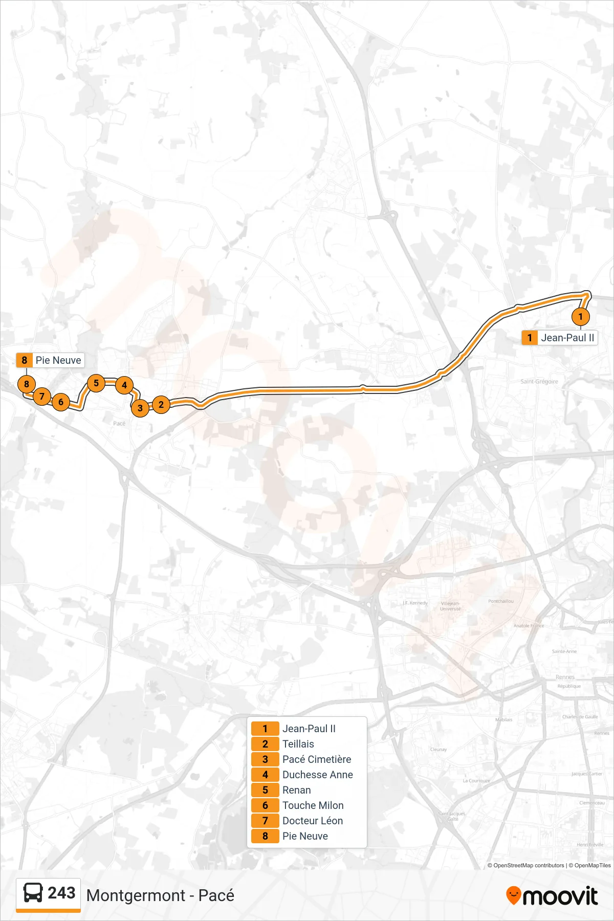 Tracé et arrêts de la ligne 243 de bus (Montgermont - Pacé) sur une carte