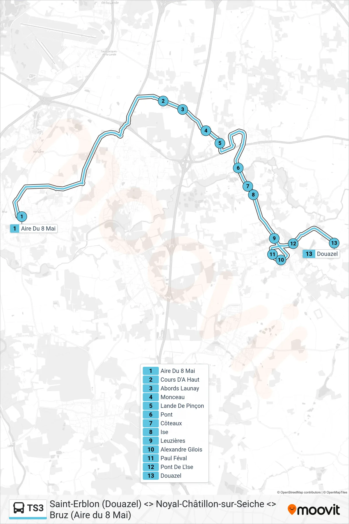 Tracé et arrêts de la ligne TS3 de bus (Noyal-Châtillon-Sur-Seiche) sur une carte