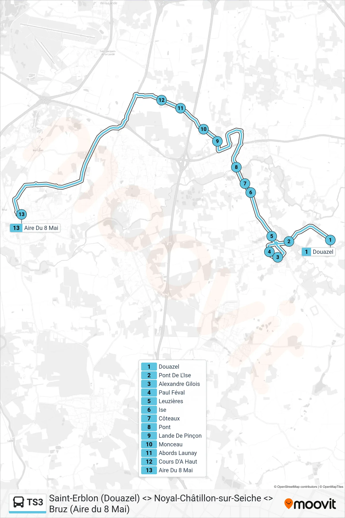 Tracé et arrêts de la ligne TS3 de bus (Bruz) sur une carte
