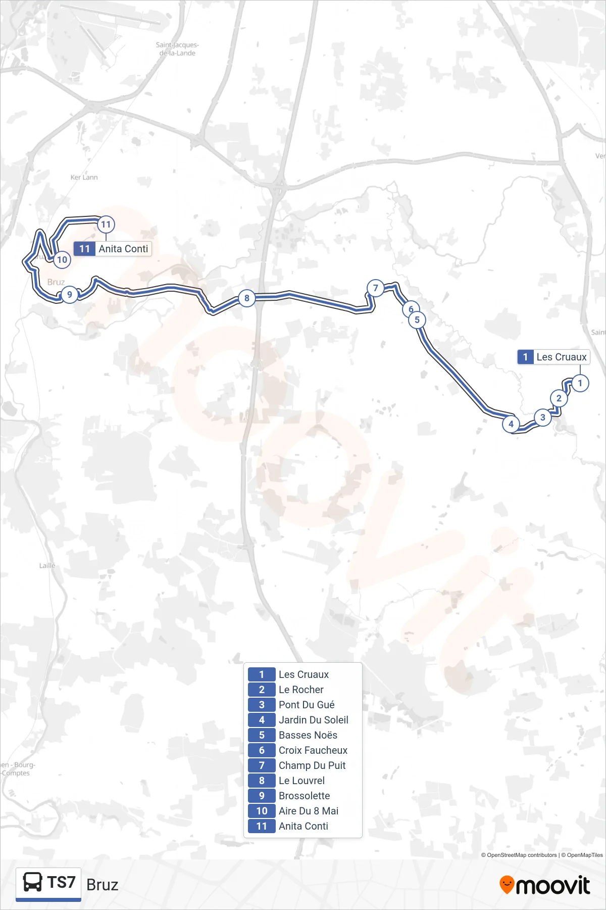 Tracé et arrêts de la ligne TS7 de bus (Bruz) sur une carte