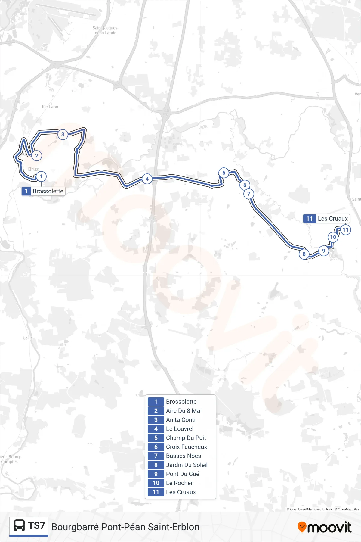 Tracé et arrêts de la ligne TS7 de bus (Bourgbarré Pont-Péan Saint-Erblon) sur une carte