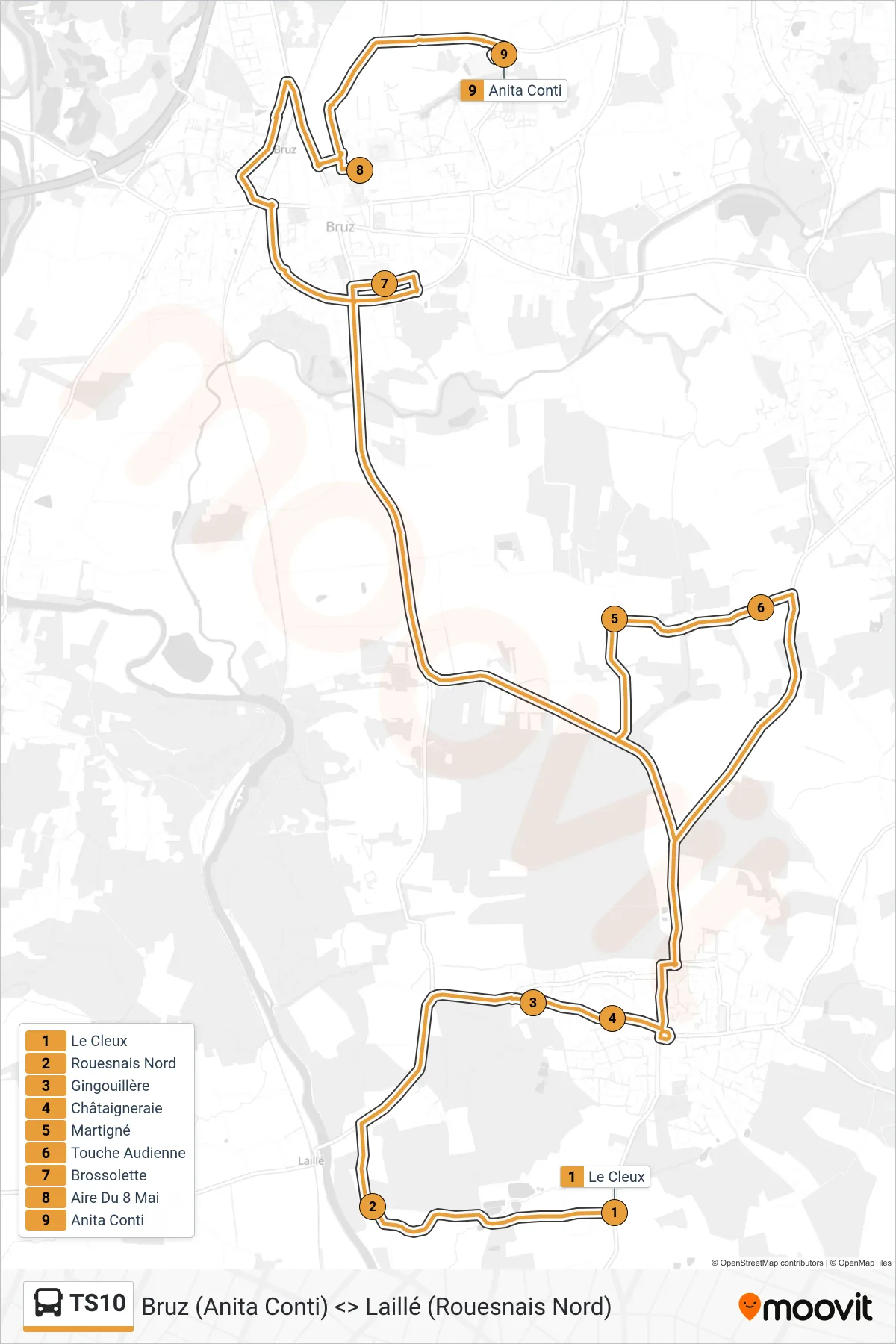 Tracé et arrêts de la ligne TS10 de bus (Bruz) sur une carte