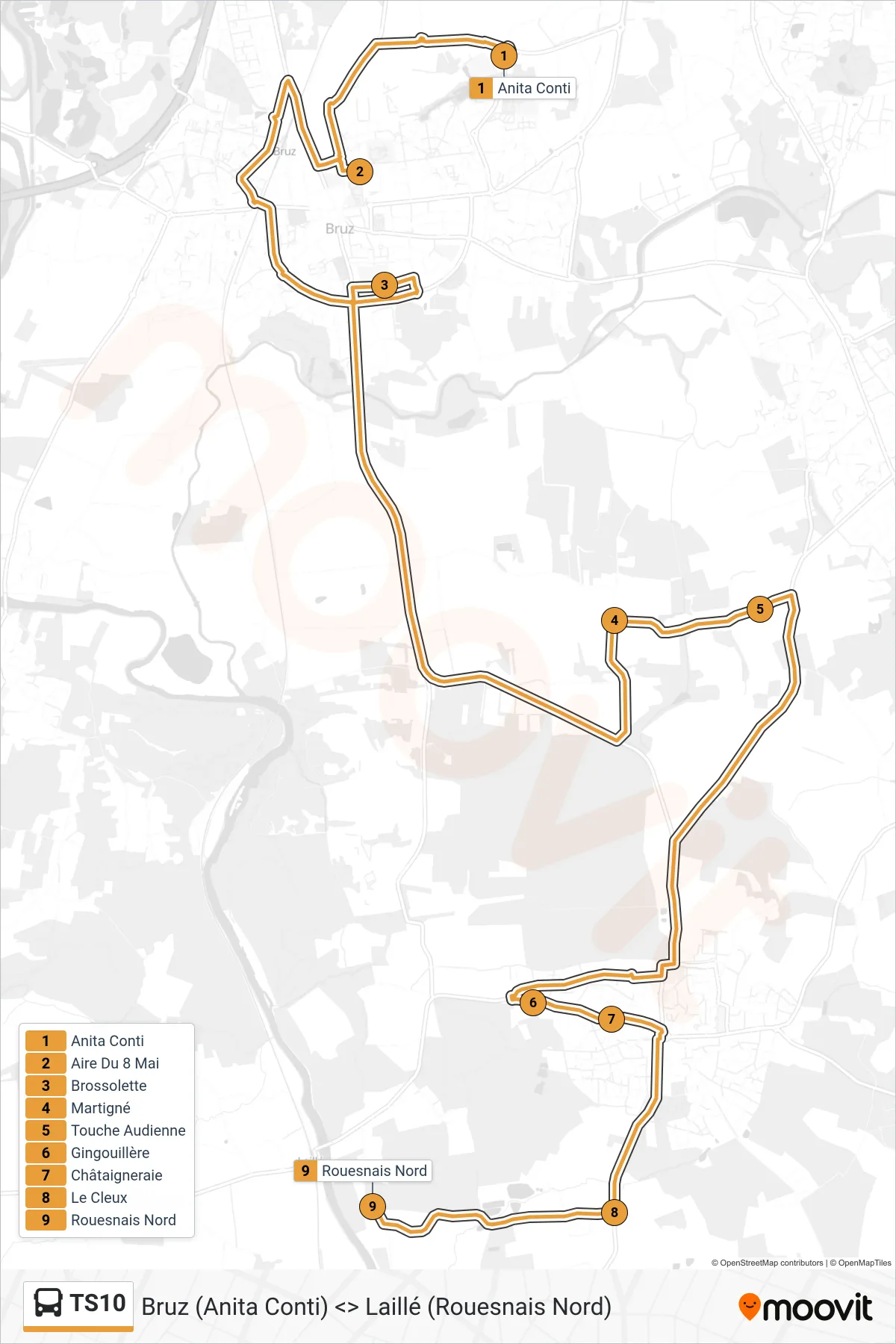TS10 bus Line (Laillé) route and stops on a map