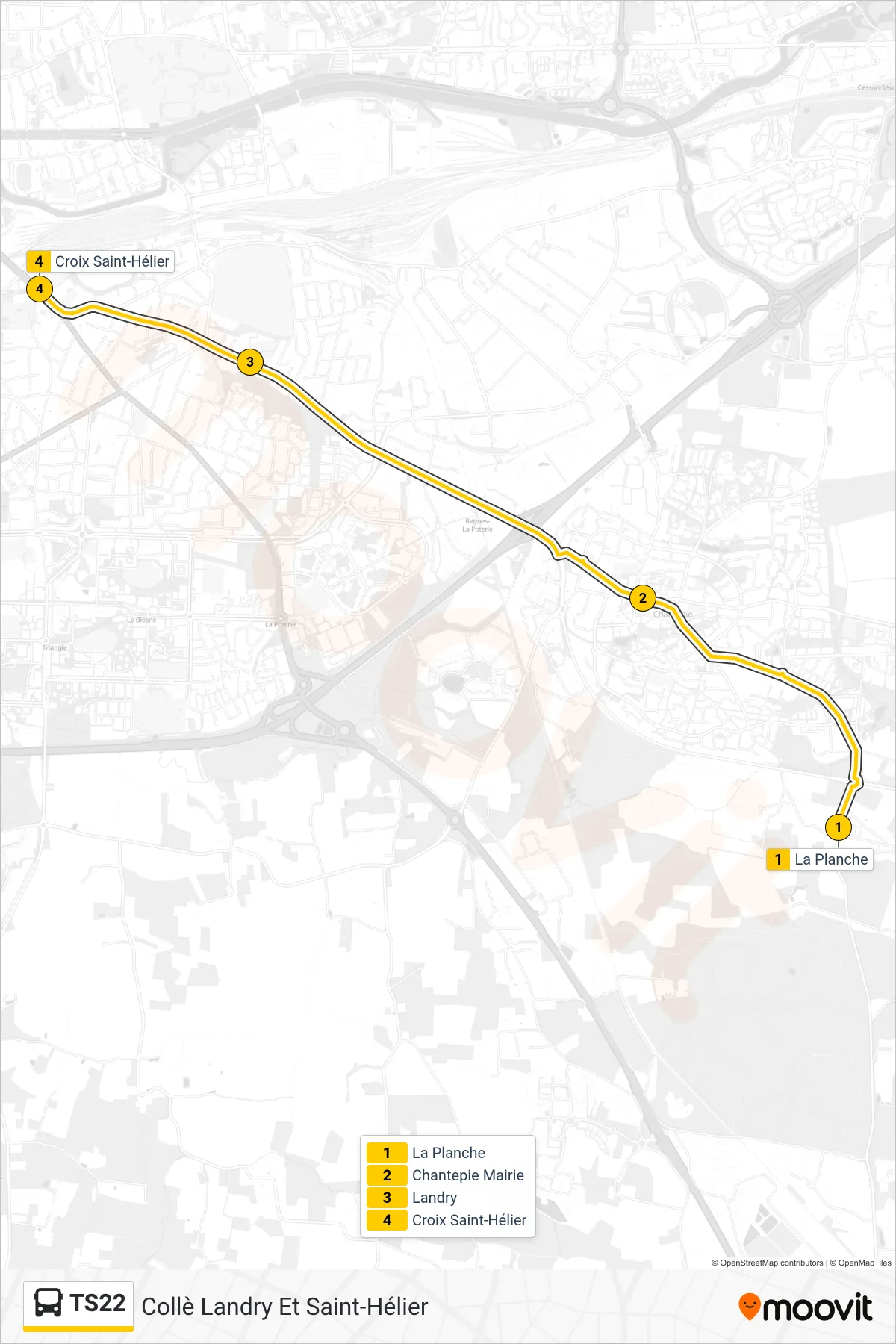 Tracé et arrêts de la ligne TS22 de bus (Collè Landry Et Saint-Hélier) sur une carte