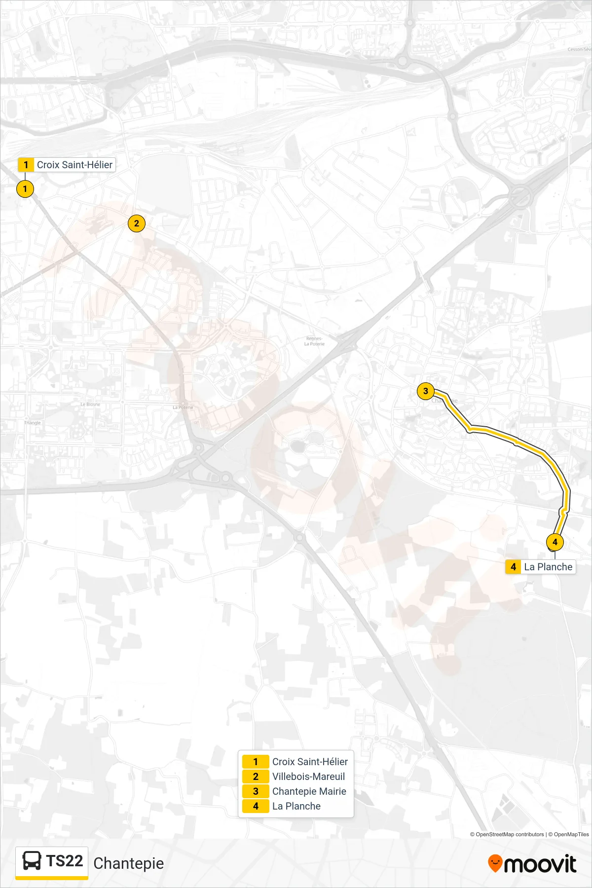 Recorrido y paradas de la línea TS22 de autobús (Chantepie) en el mapa