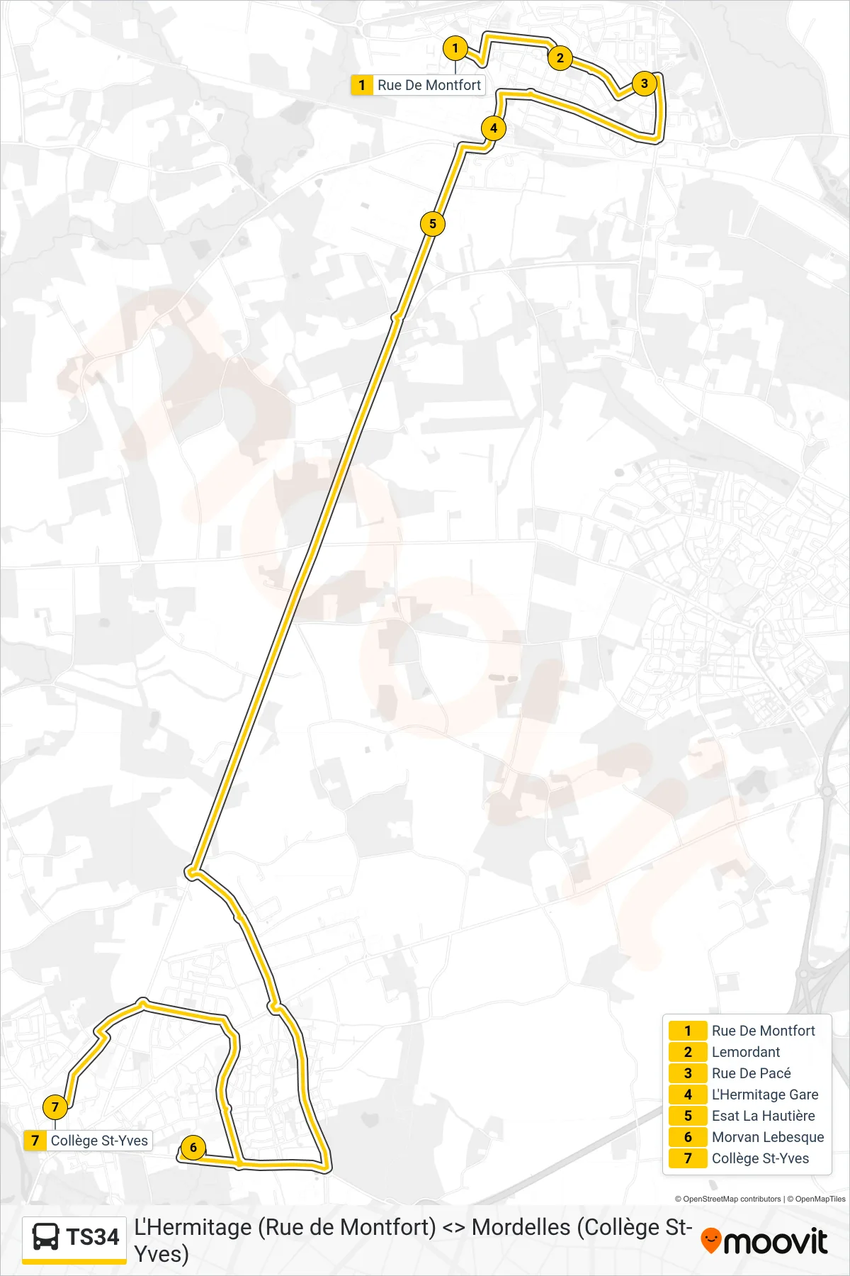Tracé et arrêts de la ligne TS34 de bus (Mordelles) sur une carte