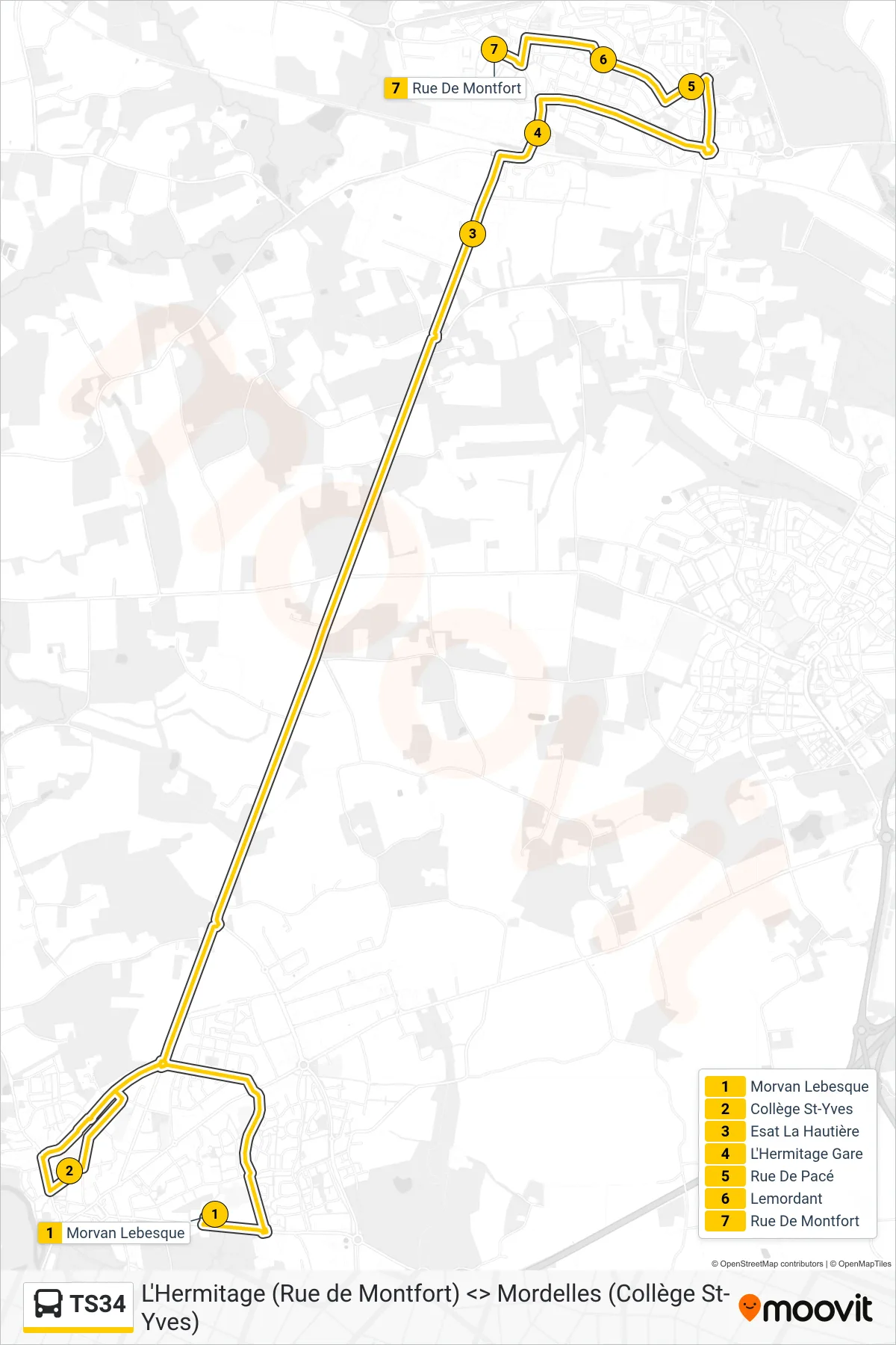 Tracé et arrêts de la ligne TS34 de bus (L'Hermitage) sur une carte