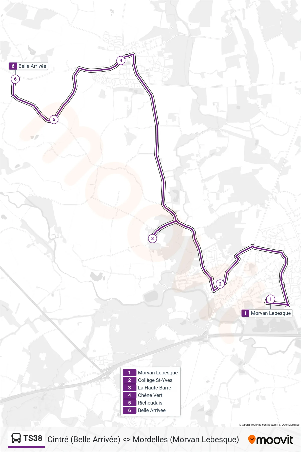 Tracé et arrêts de la ligne TS38 de bus (Cintré) sur une carte