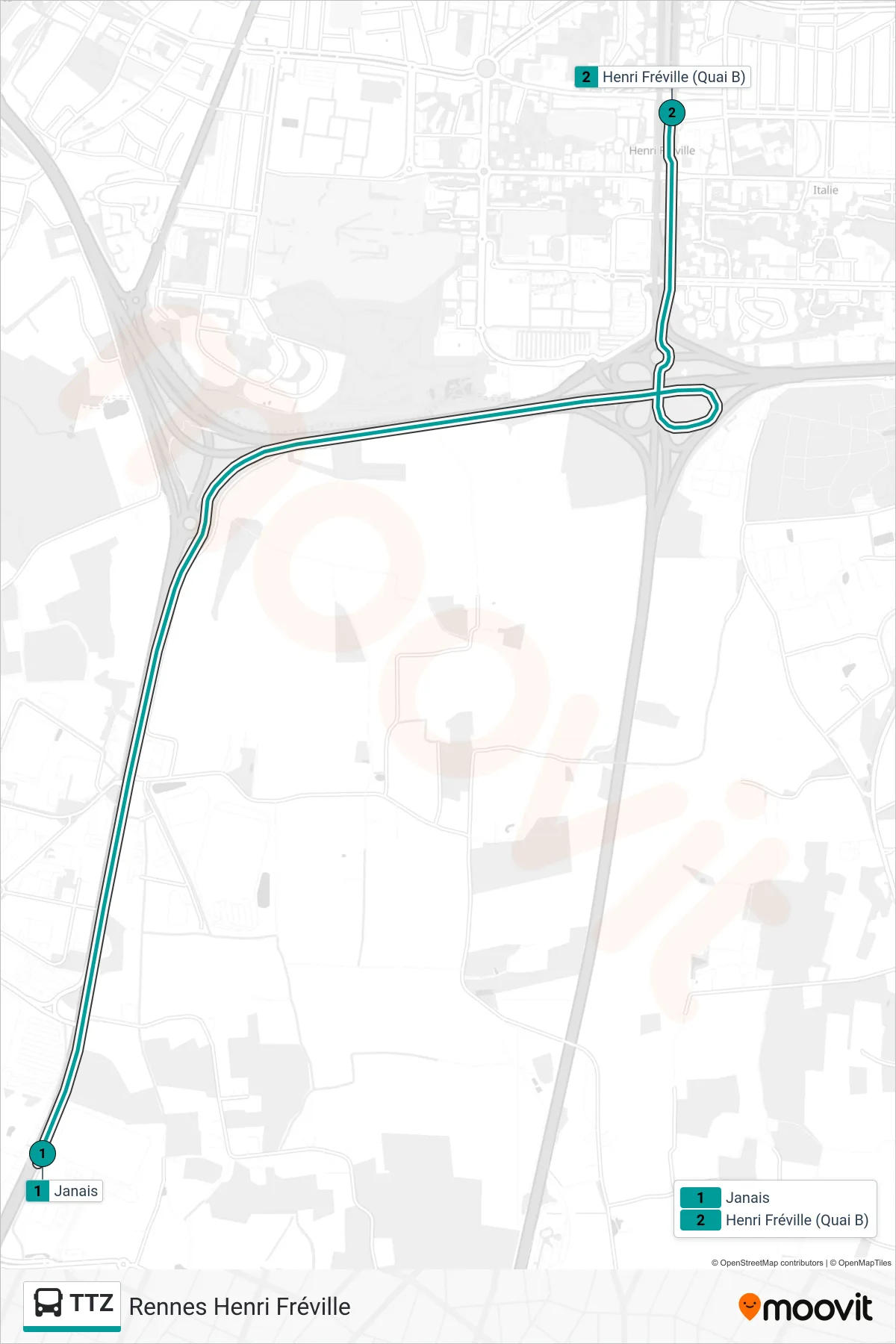 Tracé et arrêts de la ligne TTZ de bus (Rennes Henri Fréville) sur une carte