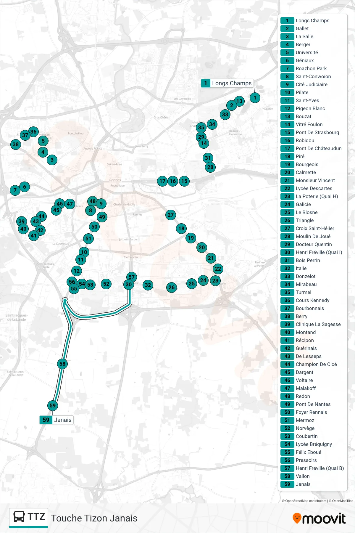 Tracé et arrêts de la ligne TTZ de bus (Touche Tizon Janais) sur une carte