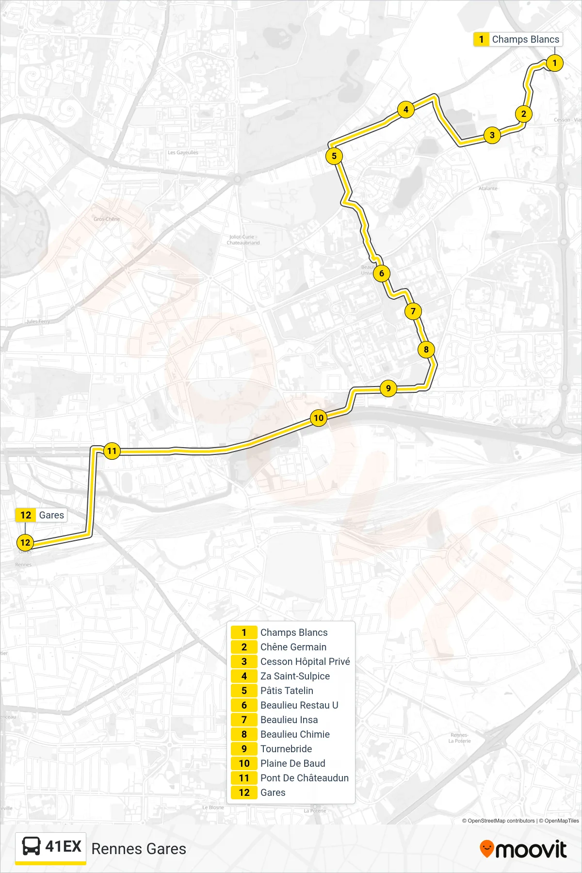 Tracé et arrêts de la ligne 41EX de bus (Rennes Gares) sur une carte