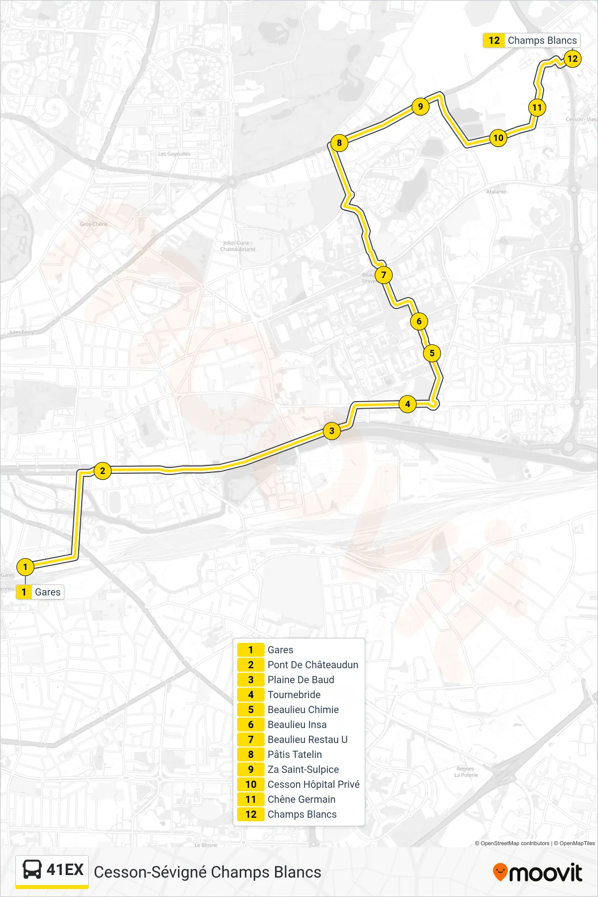 Tracé et arrêts de la ligne 41EX de bus (Cesson-Sévigné Champs Blancs) sur une carte