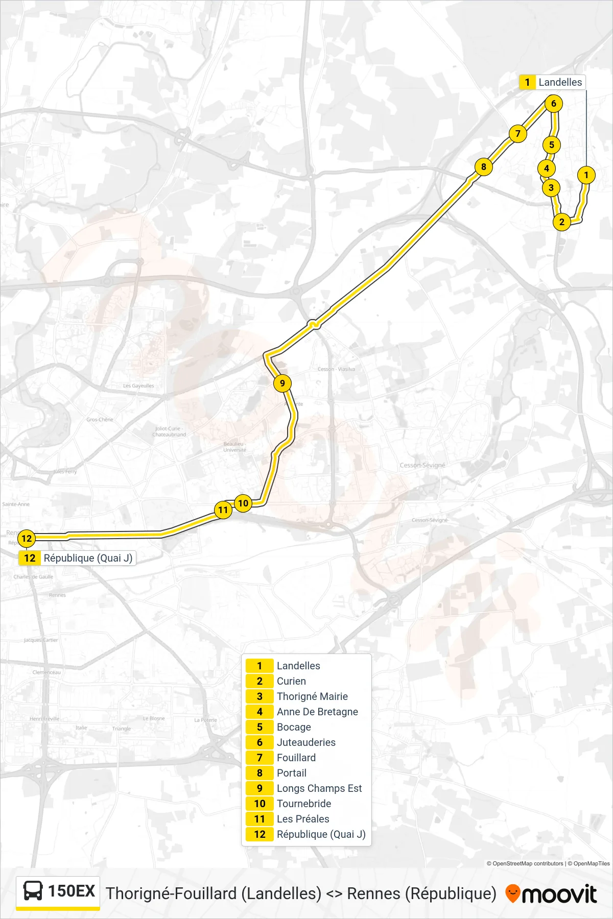Tracé et arrêts de la ligne 150EX de bus (Rennes République) sur une carte