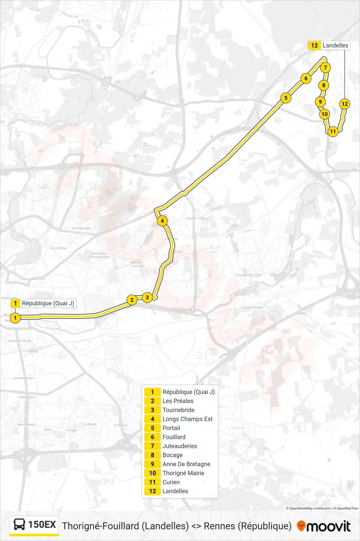 Tracé et arrêts de la ligne 150EX de bus (Thorigné-Fouillard) sur une carte
