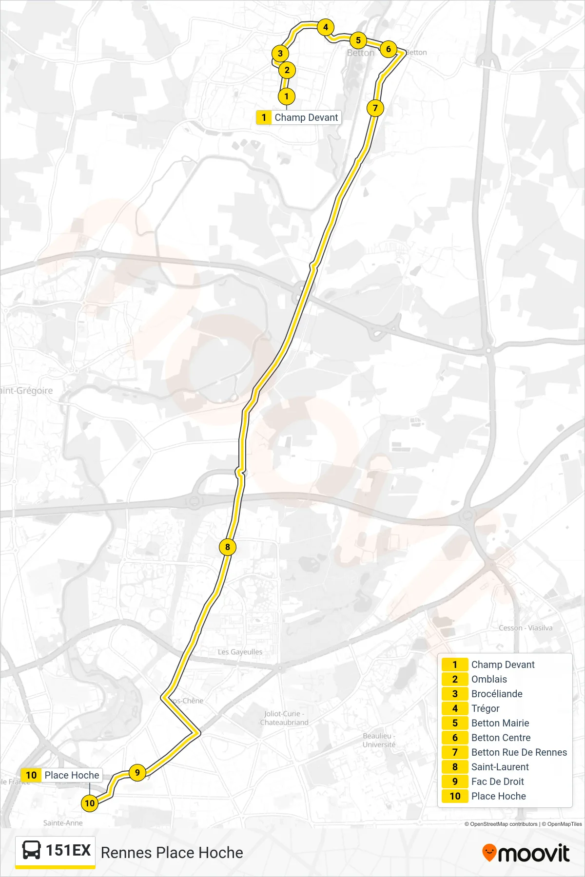 Tracé et arrêts de la ligne 151EX de bus (Rennes Place Hoche) sur une carte