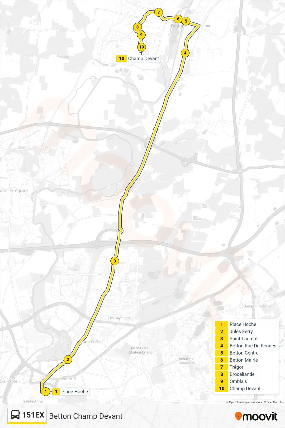 Tracé et arrêts de la ligne 151EX de bus (Betton Champ Devant) sur une carte