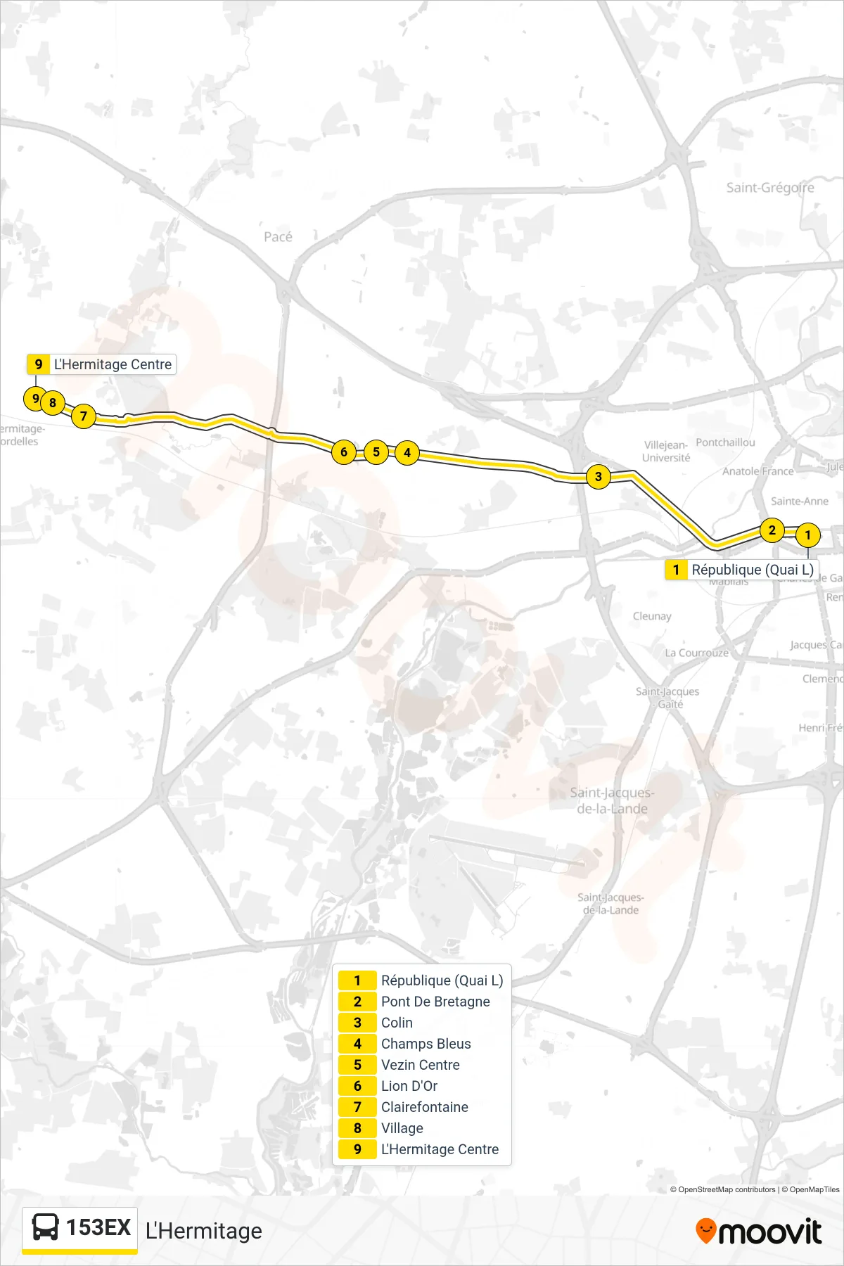 153EX bus Line (L'Hermitage) route and stops on a map