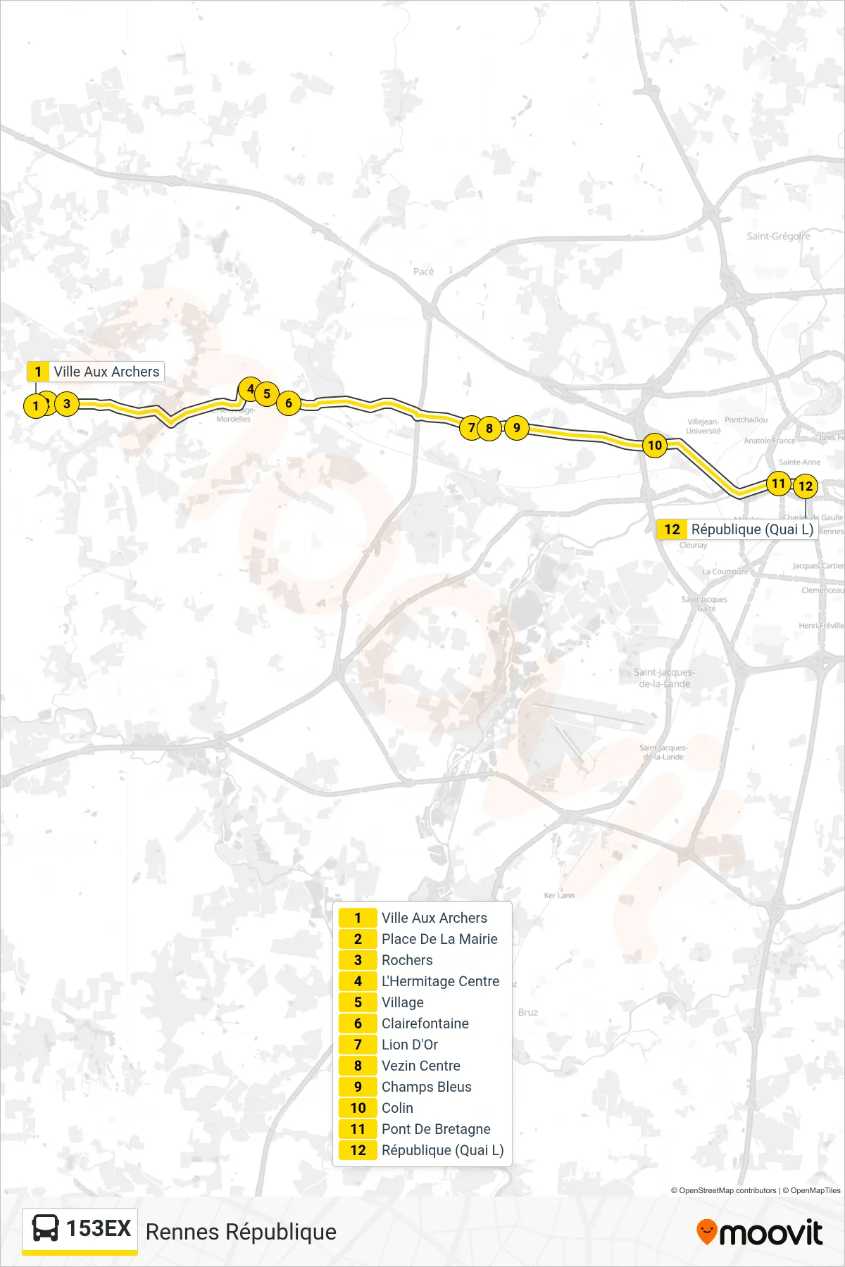 153EX bus Line (Rennes République) route and stops on a map