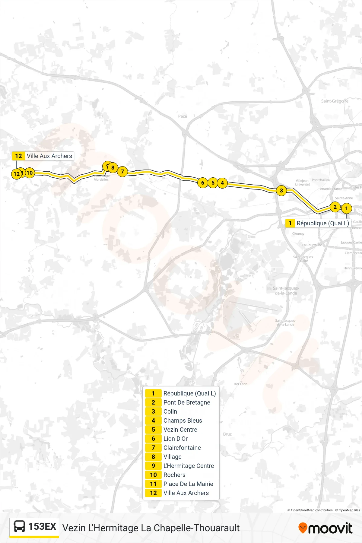 Tracé et arrêts de la ligne 153EX de bus (Vezin L'Hermitage La Chapelle-Thouarault) sur une carte