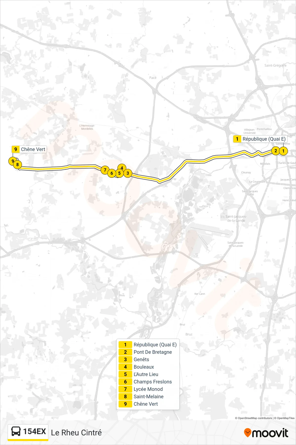 Tracé et arrêts de la ligne 154EX de bus (Le Rheu Cintré) sur une carte