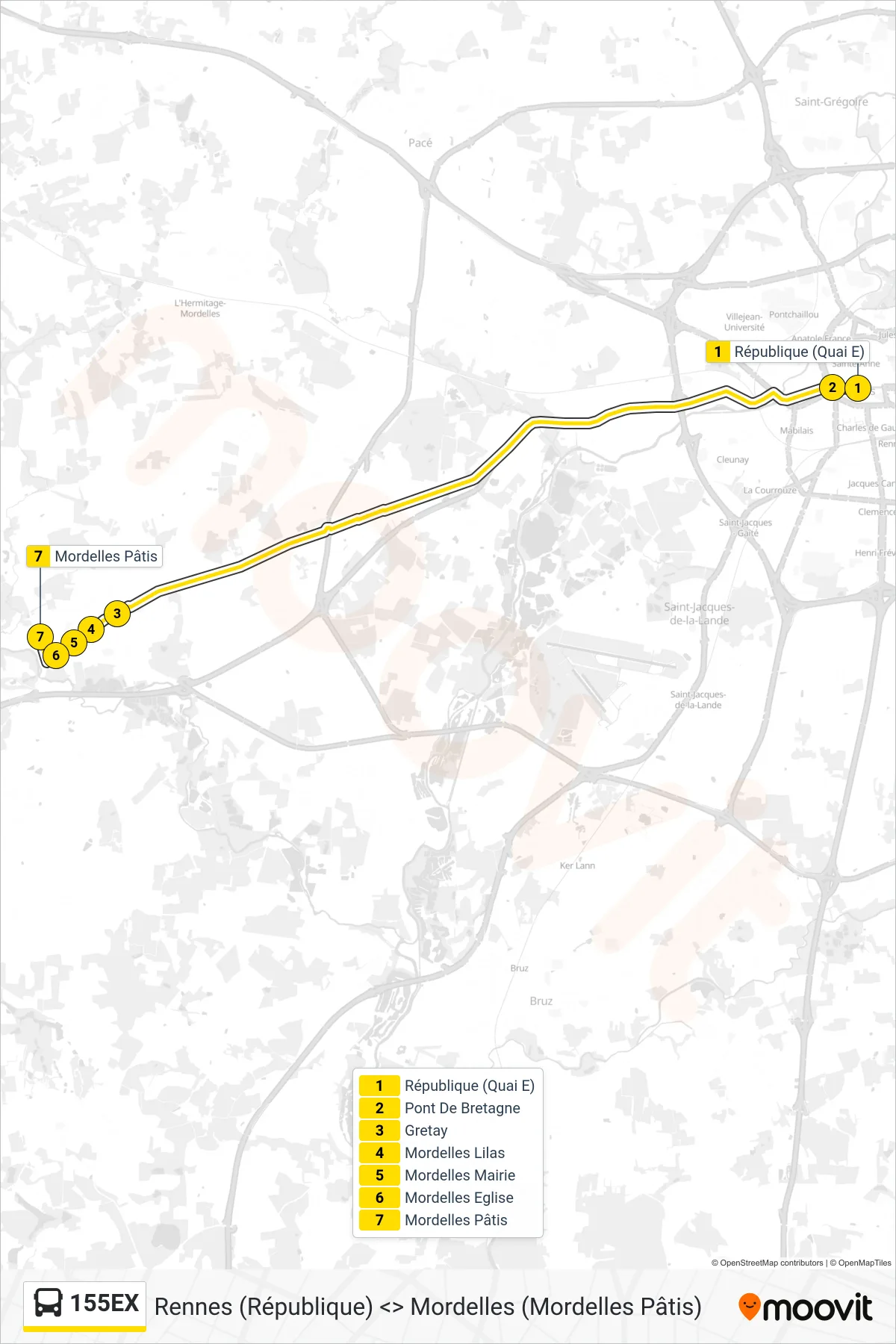 155EX bus Line (Mordelles) route and stops on a map