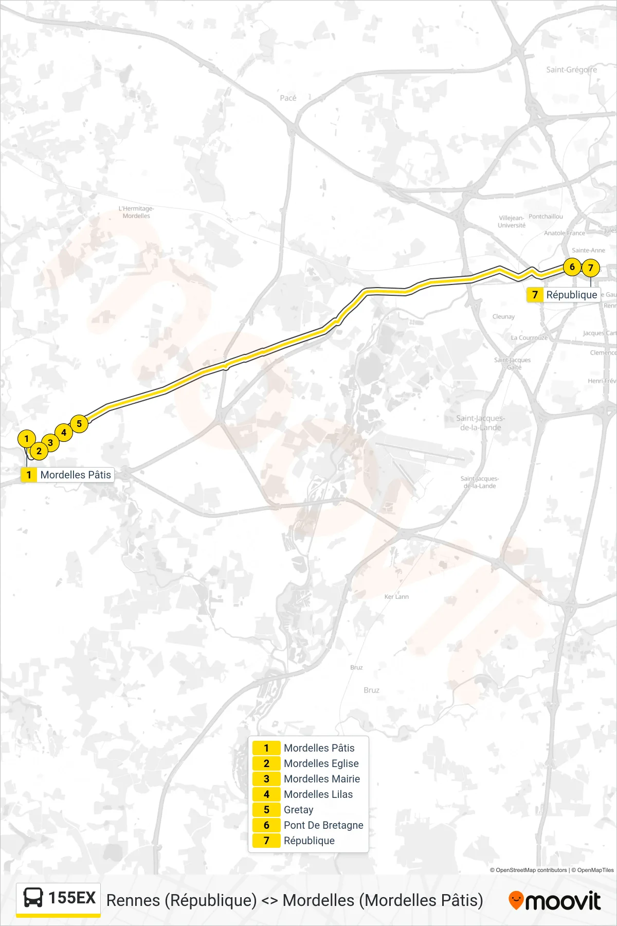 Tracé et arrêts de la ligne 155EX de bus (Rennes République) sur une carte