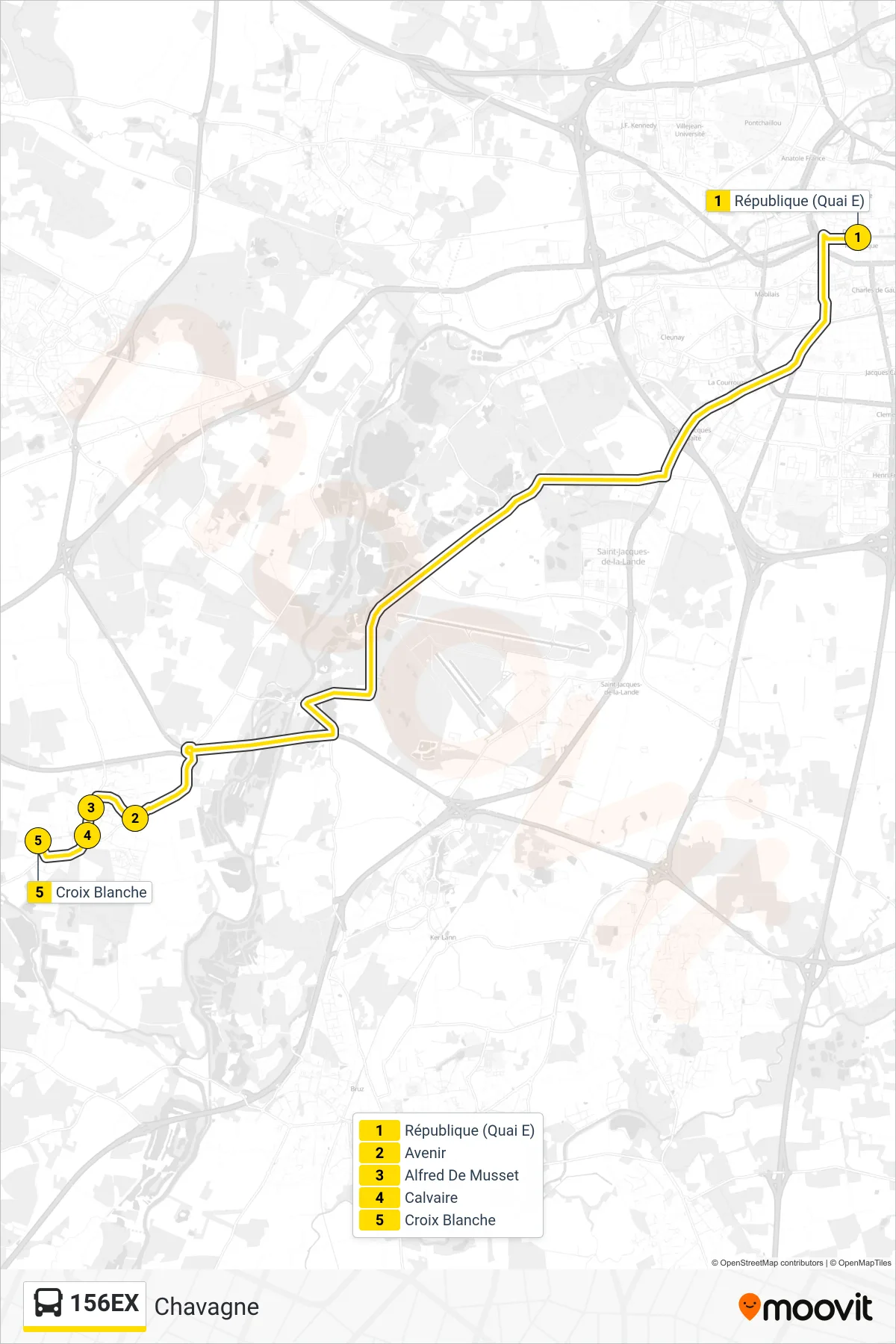 Tracé et arrêts de la ligne 156EX de bus (Chavagne) sur une carte
