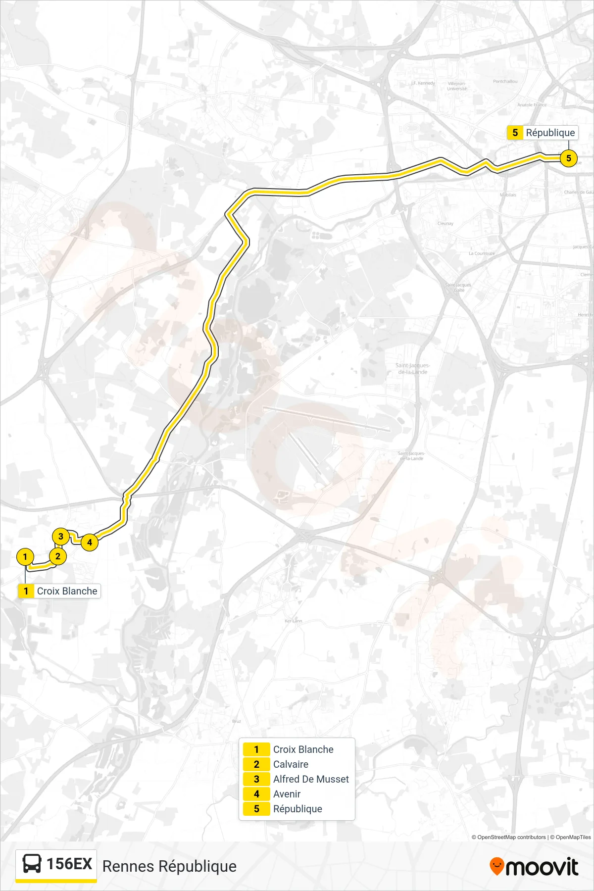 Tracé et arrêts de la ligne 156EX de bus (Rennes République) sur une carte