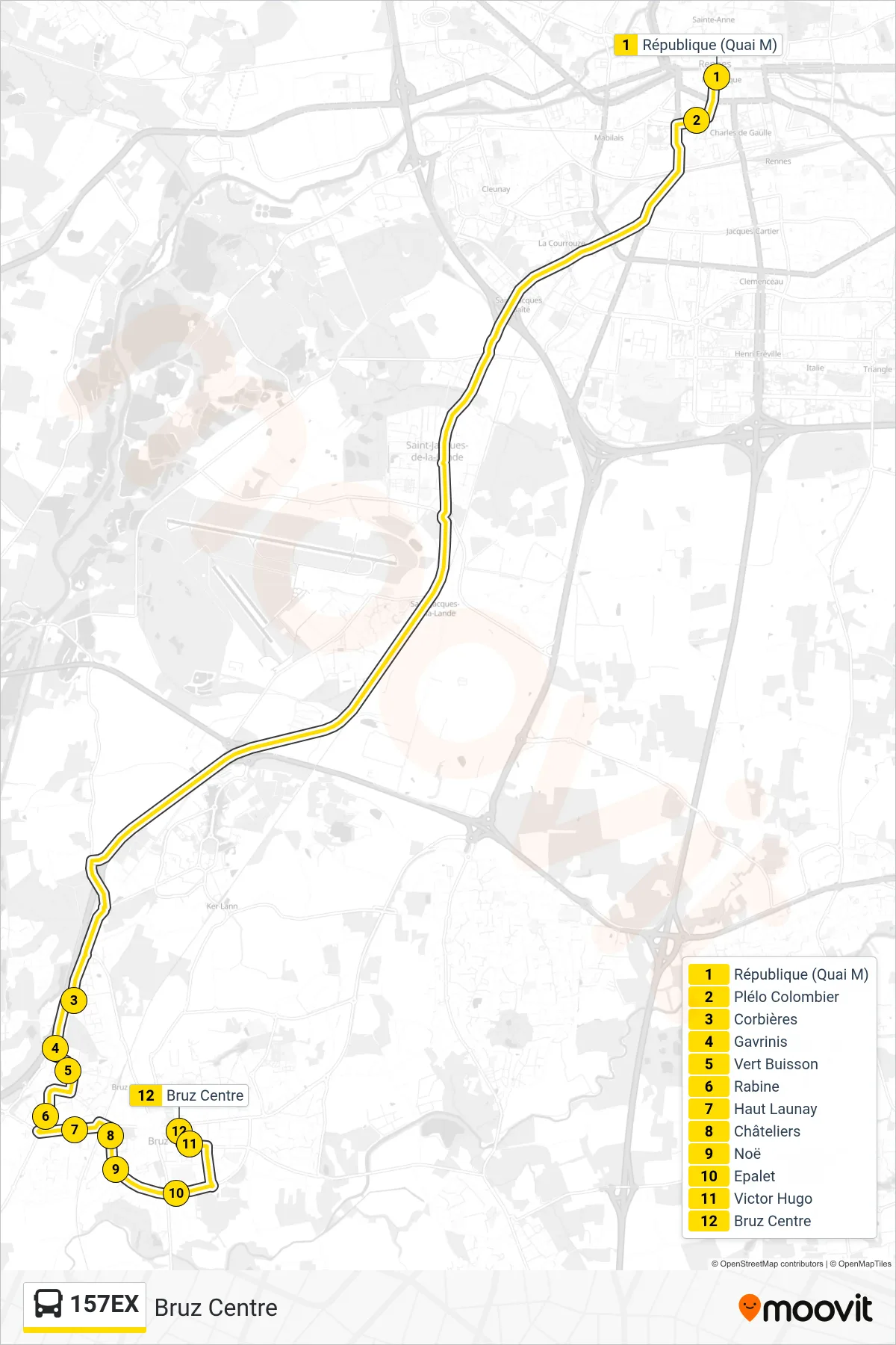 Tracé et arrêts de la ligne 157EX de bus (Bruz Centre) sur une carte