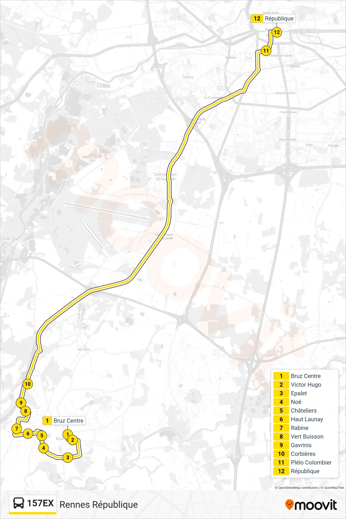 Tracé et arrêts de la ligne 157EX de bus (Rennes République) sur une carte