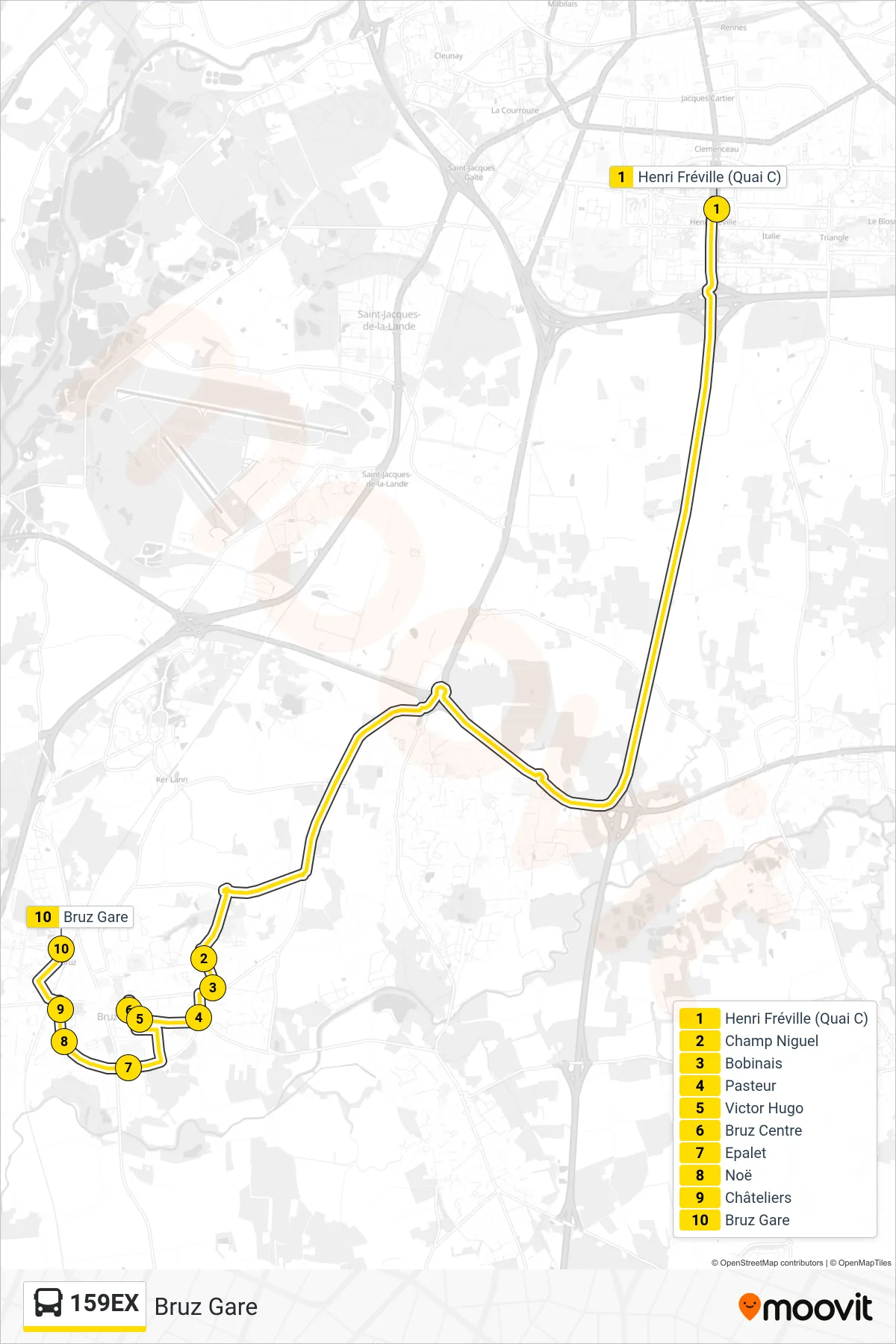 Tracé et arrêts de la ligne 159EX de bus (Bruz Gare) sur une carte