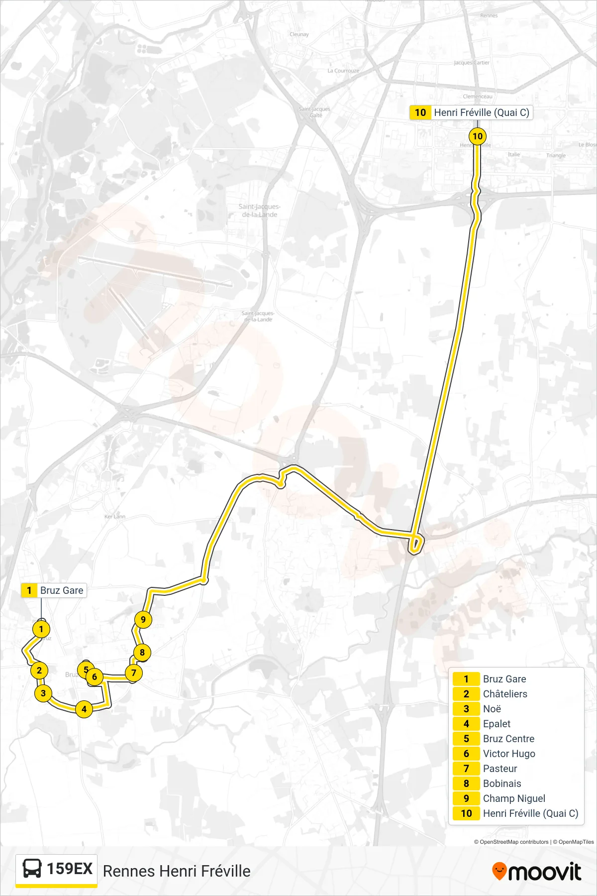 Tracé et arrêts de la ligne 159EX de bus (Rennes Henri Fréville) sur une carte