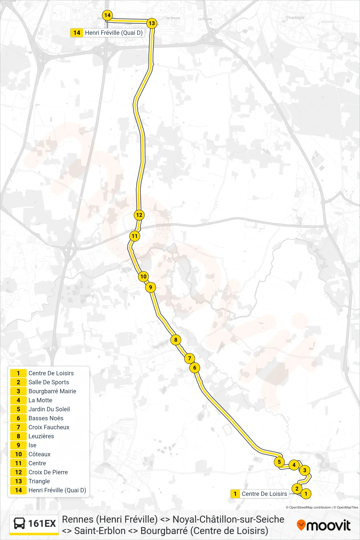 Tracé et arrêts de la ligne 161EX de bus (Rennes Henri Fréville) sur une carte