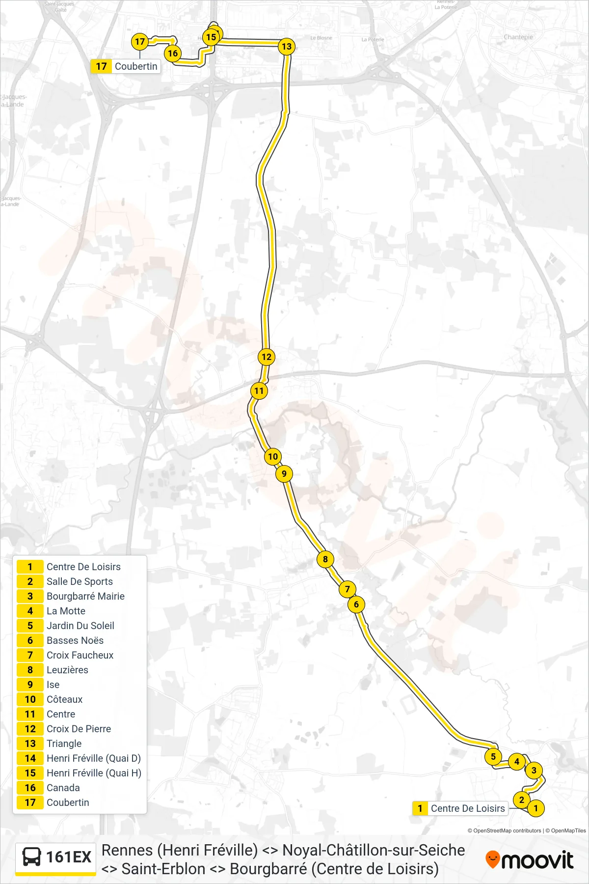 Tracé et arrêts de la ligne 161EX de bus (Rennes Bréquigny Via H. Fréville) sur une carte